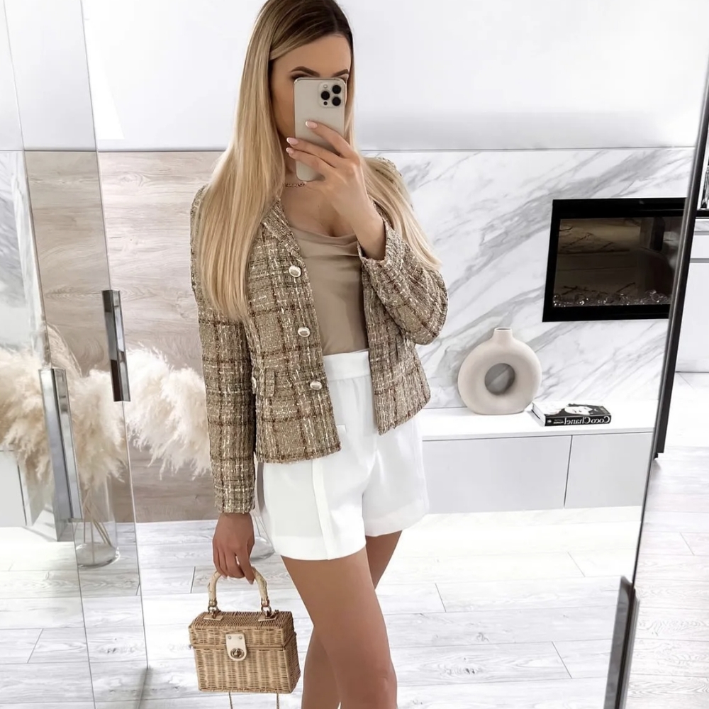 ZARA TEXTURED TWEED PLAID JACKET BLAZER BEIGE BROWN M,L
